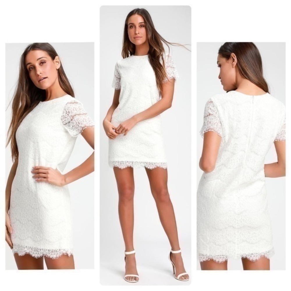 Lulu’s Take Me to Brunch White Lace Shift Dress